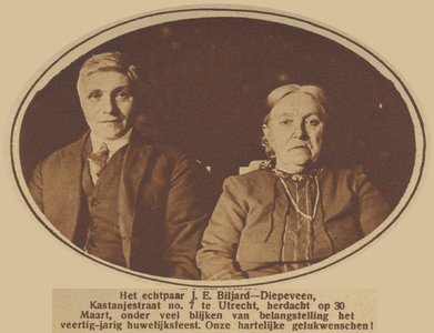 871138 Portret van het echtpaar Biljard-Diepeveen (Kastanjestraat 7) te Utrecht, dat 40 jaar getrouwd is.